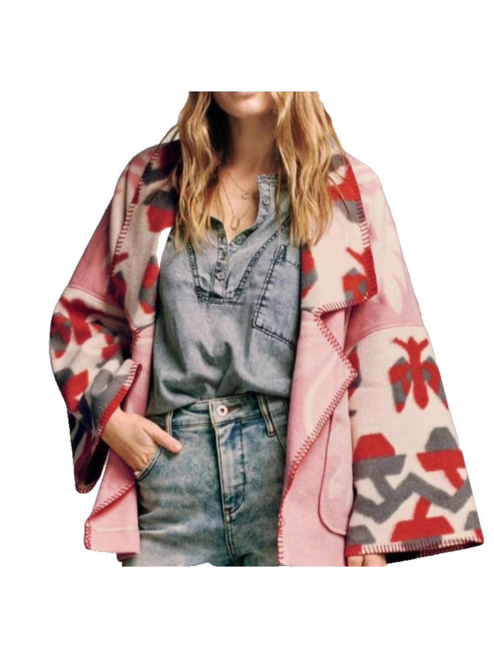 Anthropologie Heidi Kimono Jacket Easy Fit Pockets Pink Ivory Wine Size M # 1096